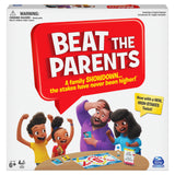 Board game box for 'Beat the Parents' with cartoon characters and text on a white background