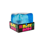 Blue block of ice in a 'Nice Berg' packaging with colorful text on a white background