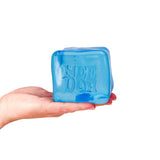 Blue dog toy with 'Live Love' text held in a hand on a white background