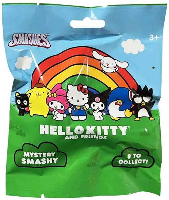 Hello Kitty and Friends mystery Smashy packaging with rainbow and characters on a blue and green background.
