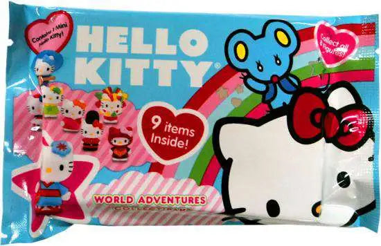 Hello Kitty toy packaging with character illustrations and text on a blue background