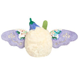 Plush toy shaped like a butterfly with a white body and purple wings on a white background