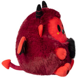 Red plush toy with black horns and tail on a white background