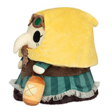 Plush toy with a yellow hood, green dress, and lantern on a white background