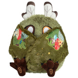 Green plush toy with leaf designs on a white background