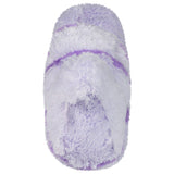 Purple and white fuzzy slippers on a white background