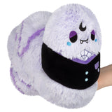 Plush toy resembling a ghost with purple accents on a white background