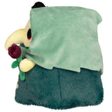 Plush toy with a green hood and teal body on a white background