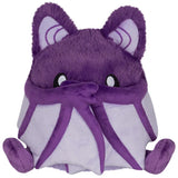 Purple and white plush toy with bat-like design on a white background