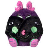 Plush toy with black face, purple body, pink horns, and green accents on a white background