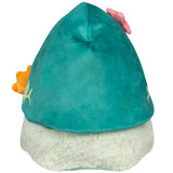 Teal hooded toy with a white base on a white background