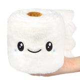 Plush toy resembling a piece of sushi with a smiling face held in a hand on a white background