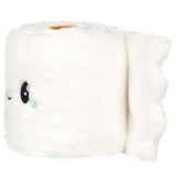 White plush toy with black eyes and a blue tear on a white background