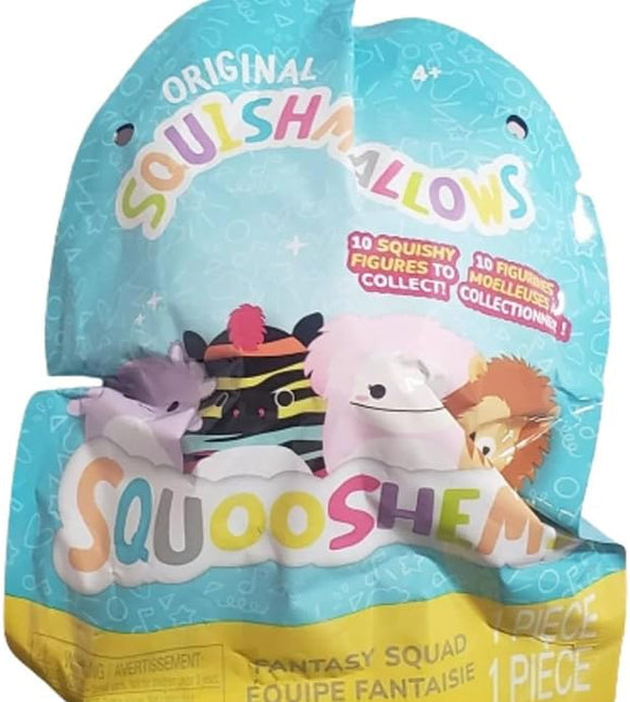 Squishmallows toy packaging with colorful characters on a blue background