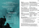 Table of contents for a game book with text and illustrations on a blue and white background.