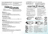 Page from a book or document with text and illustrations on topics like 'Mining', 'Hoarding', 'Hunting/Fishing', and 'Beasts'.