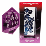 Dungeons & Dragons adventure dice set with packaging on a blue background