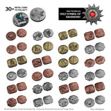 Collection of metal coins with various designs on a white background, featuring text about collecting coins and finding the Holy Symbol of Ravenkind.