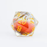 D20 polyhedral dice with red and yellow numbers on a white background