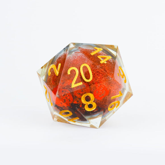Translucent red and clear polyhedral dice with yellow numbers on a white background