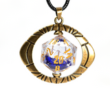 Pendant with a D20 die inside a gold frame on a white background