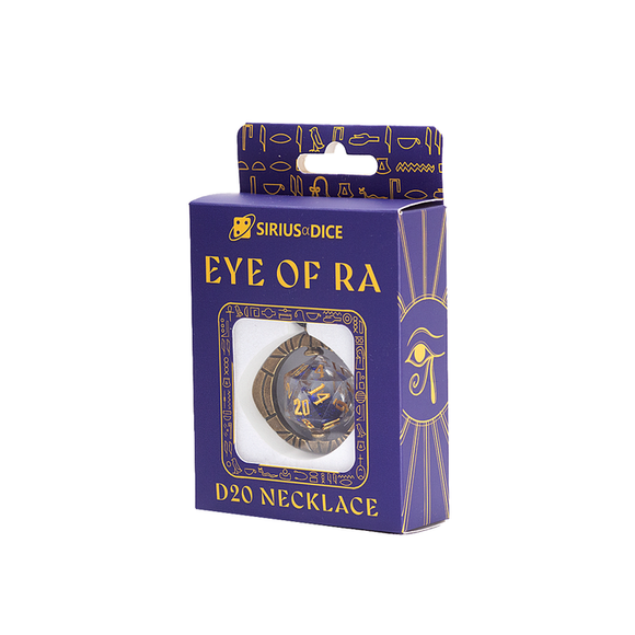 Boxed 'Eye of Ra' D20 necklace by Sirius Dice on a white background