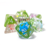 Set of colorful polyhedral dice on a white background