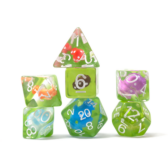 Set of colorful polyhedral dice with numbers on a white background