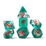 Set of teal polyhedral dice with red and white patterns on a white background