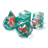 Set of teal polyhedral dice with red numbers on a white background