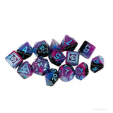 Set of polyhedral dice with purple and blue gradient on a white background