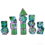 Set of polyhedral dice with green and purple patterns on a white background