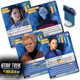 Star Trek themed trading cards with character portraits and game text on a white background.