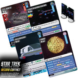 Star Trek-themed cards with ship illustrations and game text on a white background