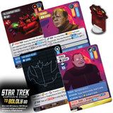 Star Trek-themed trading cards with character illustrations and game text on a white background.