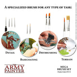 Promotional image of The Army Painter brushes with various uses and product details.