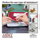 Promotional image of The Army Painter Mega Brush Set with miniature painting tools and examples.