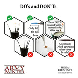 Instructional diagram for using a brush set with 'Do's and Don'ts' from The Army Painter.