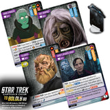 Star Trek themed card game cards with characters and text on a white background