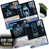 Star Trek themed card game cards with character illustrations and text on a white background.