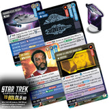 Star Trek themed card game with character cards and game pieces on a white background