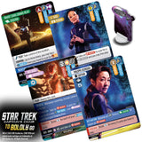 Star Trek-themed trading cards with characters and game elements on a white background