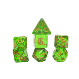 Set of green dice with orange numbers on a white background