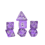 Set of purple dice with white numbers on a white background