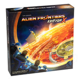Board game box for 'Alien Frontiers Edition X' with space-themed artwork.