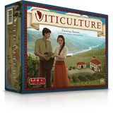 Viticulture board game box with illustration of two people and a vineyard.