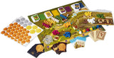 Board game with various pieces and cards on a white background