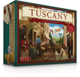 Board game box titled 'Tuscany' with a colorful illustration of a Tuscan street scene on a white background.