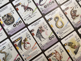 Collection of fantasy dragon cards with various designs and text on a checkered background.