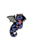 Dragon-shaped pin with blue and black colors on a white background